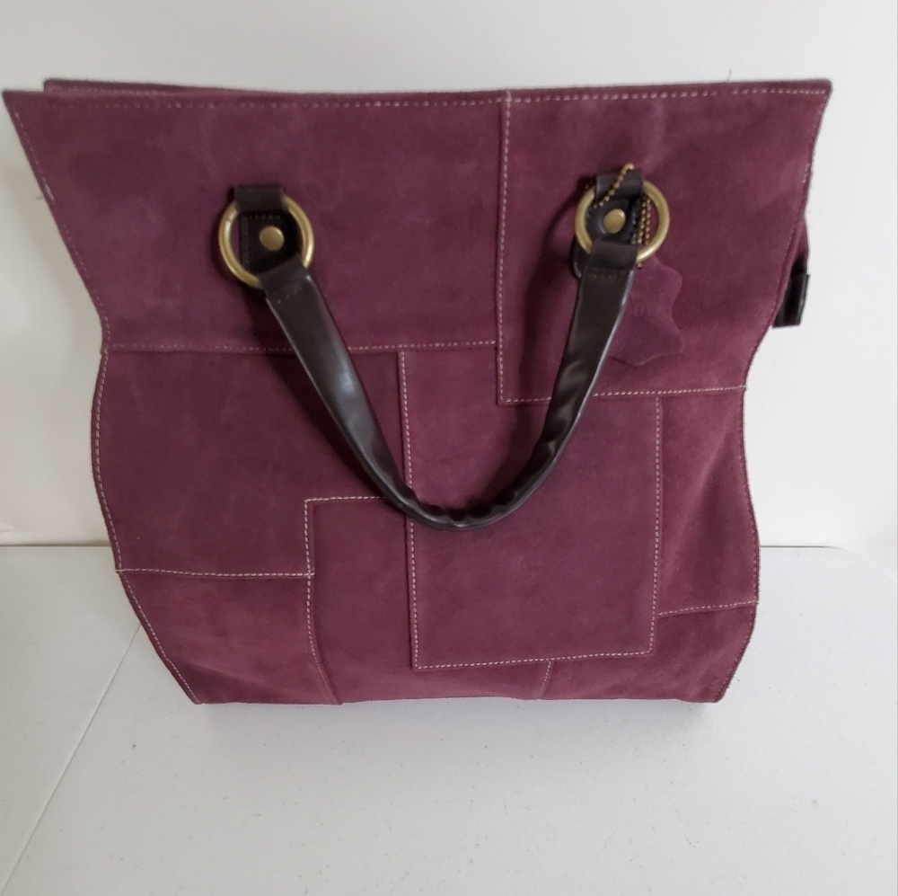 Valerie Stevens Purple Suede Tote Bag Patchwork Double Strap Purse Retro - Picture 3 of 13